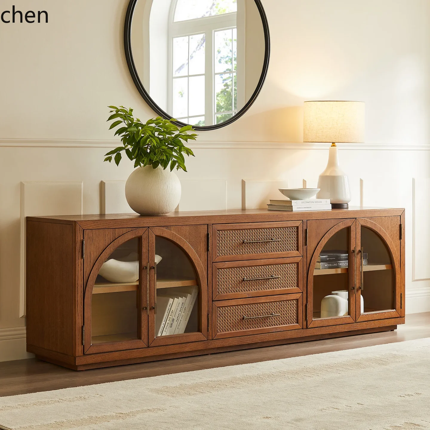 HXL Solid Wood Rattan TV Cabinet Glass Cabinet Floor Storage Media Cabinet