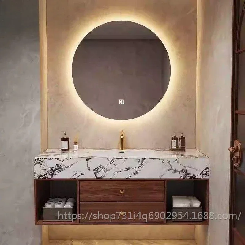 LDModern Bathroom Slab Seamless Integrated Basin Black Walnut Bathroom Cabinet Combination Storage Drawers Bathroom