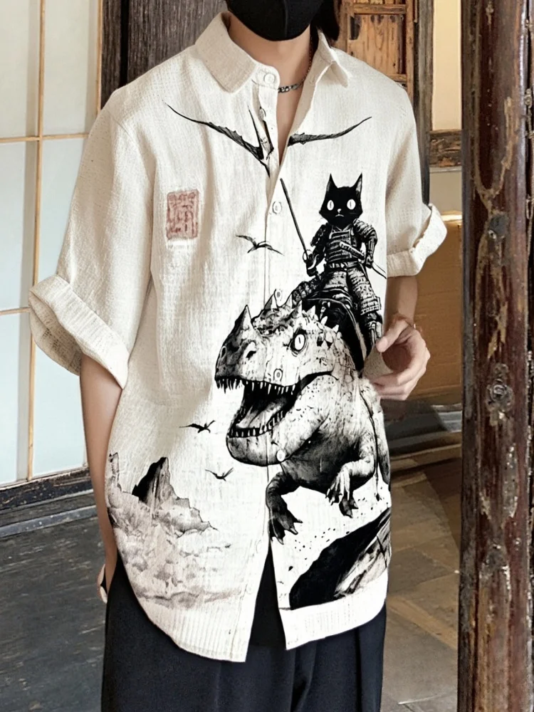 

Japanese Style Summer Beach Blouse Men's Dinosaur And Black Cat Knight Art Print Casual Shirt Short Sleeve Lapel Neck Retro Tops