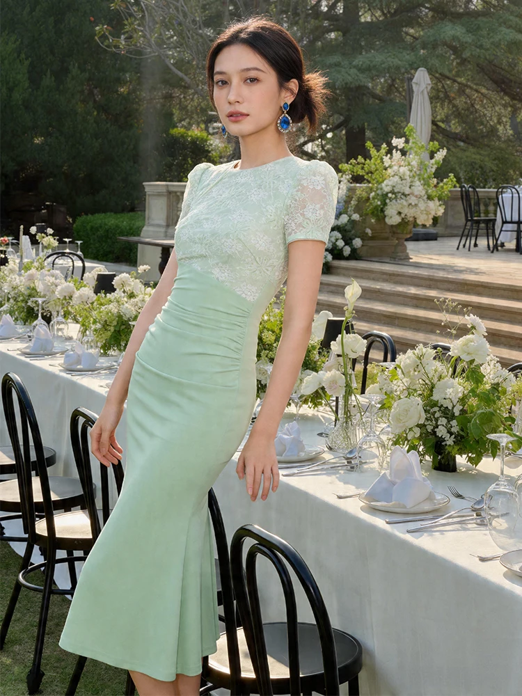 

Women's Elegant Light Green Midi Mermaid Dress New Summer Lace O-Neck Folds Bodycon Dresses Robe Office Date Daily Party Prom
