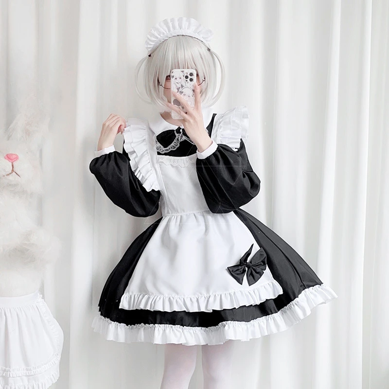 Plus Size Gothic Maid Set Black White Tiered Lolita Dress Apron Bow Set Curvy Anime Cafe Uniform for Halloween Tea Party Cosplay view 3