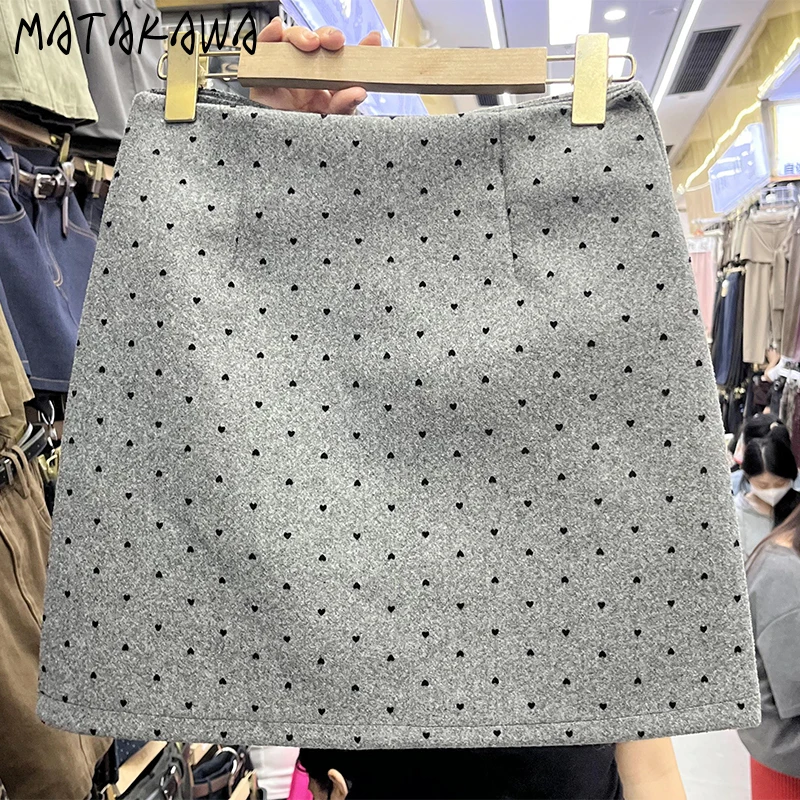 

Matakawa Woolen Skirts Women Polka Dot Autumn Winter Korean Fashion Sweet Mini Skirt High Waist Elegant Chic Faldas Mujer