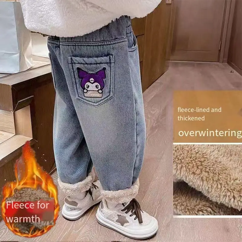 Kuromi Yeni Kalınlaşmak Eğlence Kış Çocuk Pantolon Kız Giyim Dışında Anime Sonbahar Kış Kawaii Karikatür Sıcak Tutmak Kot Sanrios