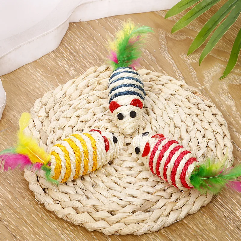 5Pcs Colorful Sisal Mouse Interactive Cat Toy Feather Pet Supplies Cat Claws Grinding Cat Training Catcher Accessories