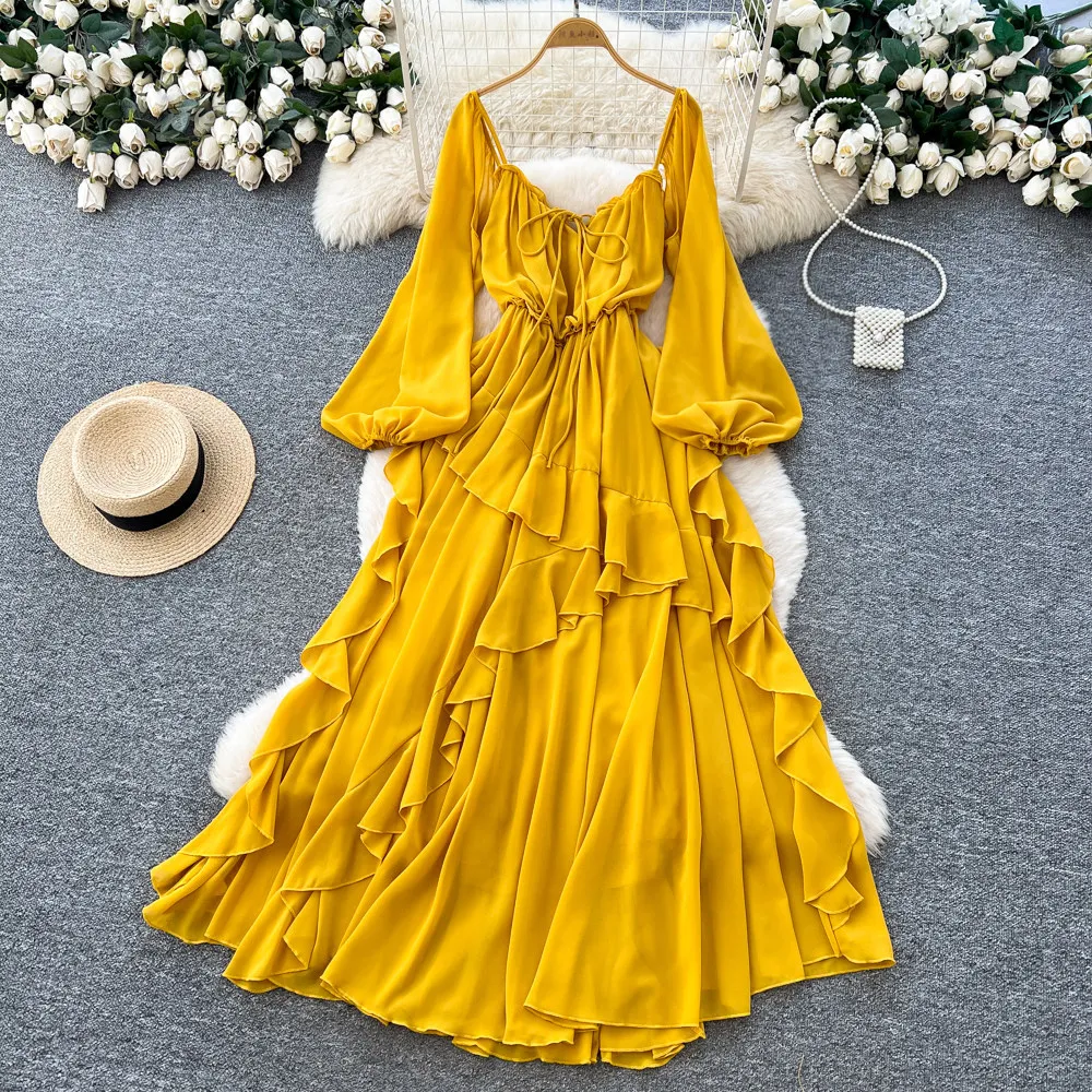 

Women Dresses Solid Dress Ruffle Hem Square Collar Puff Sleeves Ankle Length Cinched Empire Waist Loose Fit Casual 2026 Summer