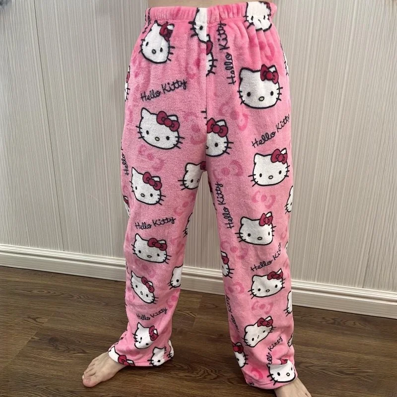 Kawaii Hello Kitty Pajama Pants Sanrio Y2K Cartoon Hip Hop Ladies Warm Casual Plush Kitty Flannel Pants Women\'s Clothing Gifts