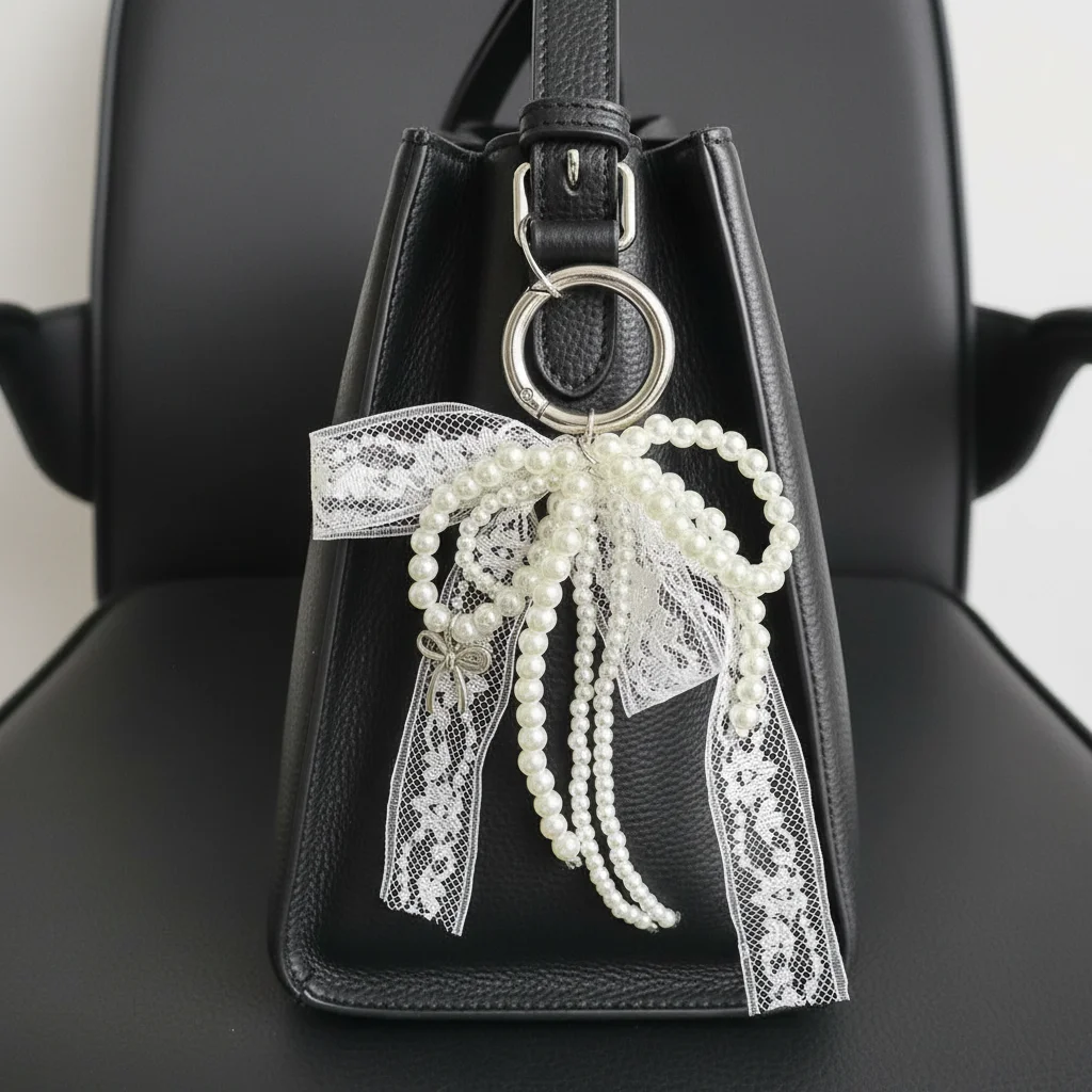 Keychain Bag Pendant fashion Lace Korean Bow White/Black Pearl Beaded Pendant Gift Lace Phone Chain Package Accessory Bag Part