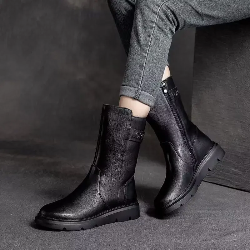 Round Toe Women\'s Half High Boots Elegant Fashion Ladies Mid Calf Shoes Designer Luxury Quality Footwear Winter 2025 Novelty Pu