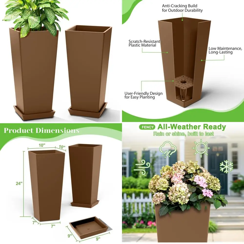 

Pair of 24-Inch Outdoor Tall Tapered Planters with Drainage, Weather-Resistant Plastic Pots for Large Plants