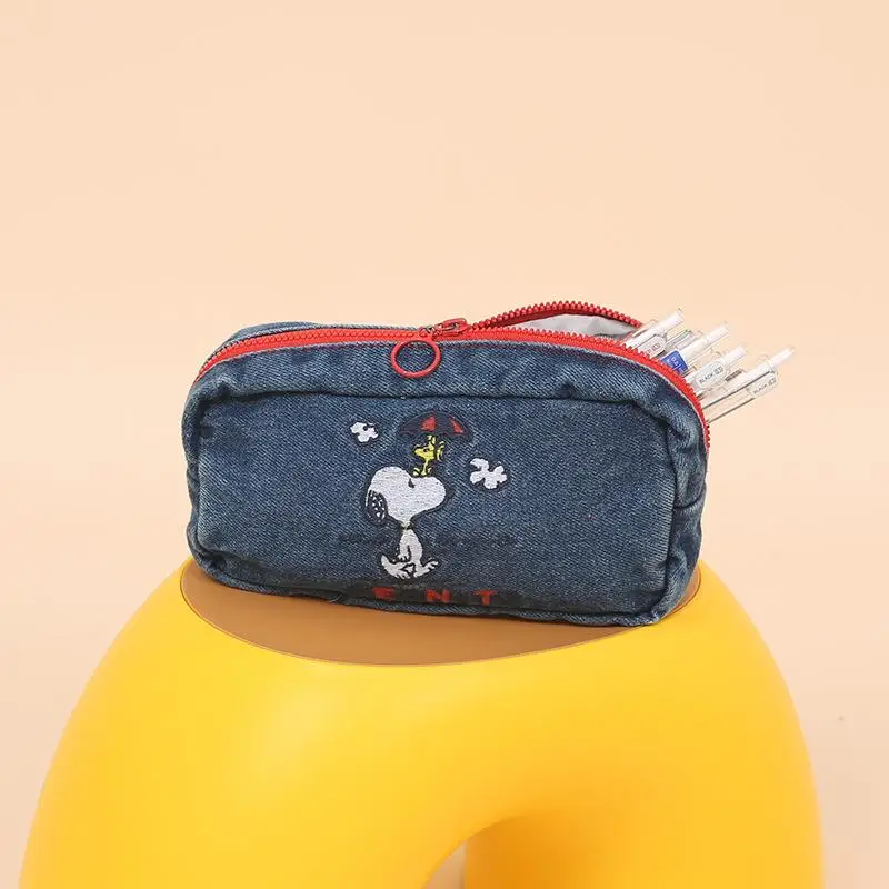 Snoopy Denim Pencil Case Fashion Large Capacity Stationery Box Washed Kawaii Cowboy Pen Bag Exquisite Embroidery Cosmetic Bag