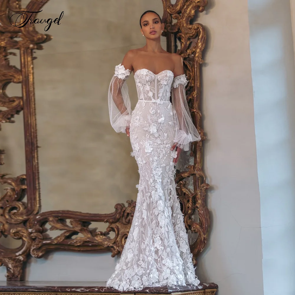 Traugel Mermaid Sexy Wedding Dresses Strapless Puff Sleeve Vestido De Novia Appliques 3D Flowers Detachable Train Robe De Mariee