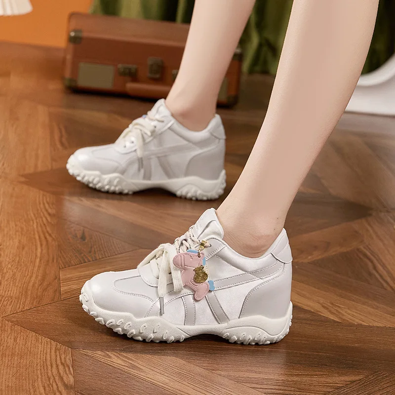 

Women's Hidden Wedge Sneakers 8CM Height Increase Cute Pony Charm Breath Satin Leather versatile Casual Shoes Pink/White/Silver