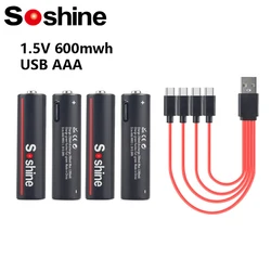 Soshine AAA batteria ricaricabile 1.5 Volt 600mWh USB li-ion Aaa batteria 3A 1.5 V batterie al litio giocattoli fotocamera torcia orologio