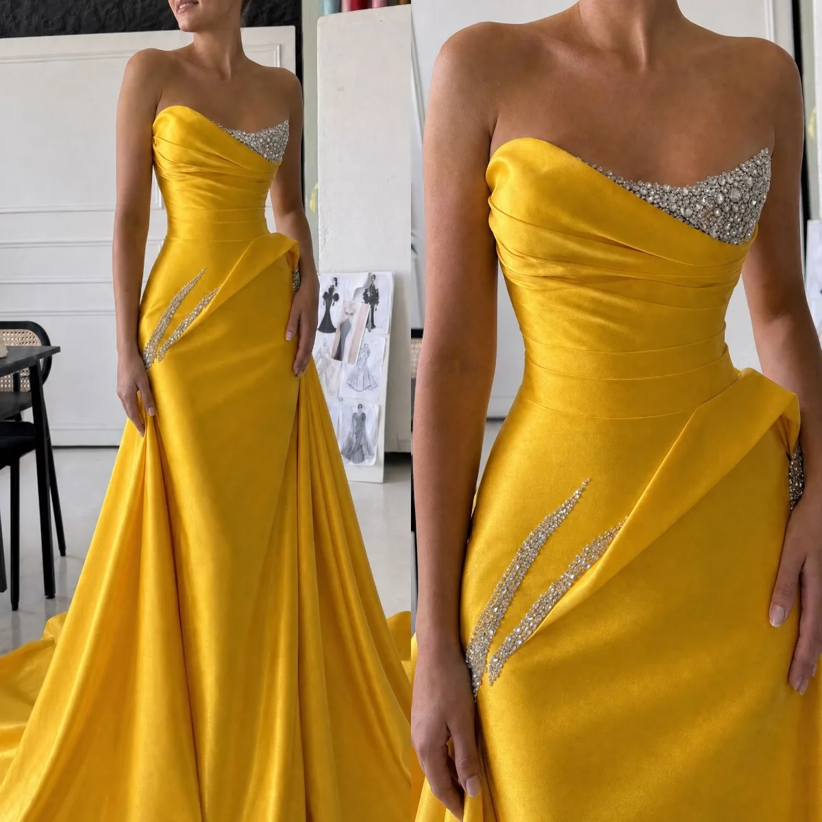Luxury Yellow Strapless Mermaid Dress with Crystal Trim and Draped Ruched Waist Women Gala Evening Gown Customized B262953