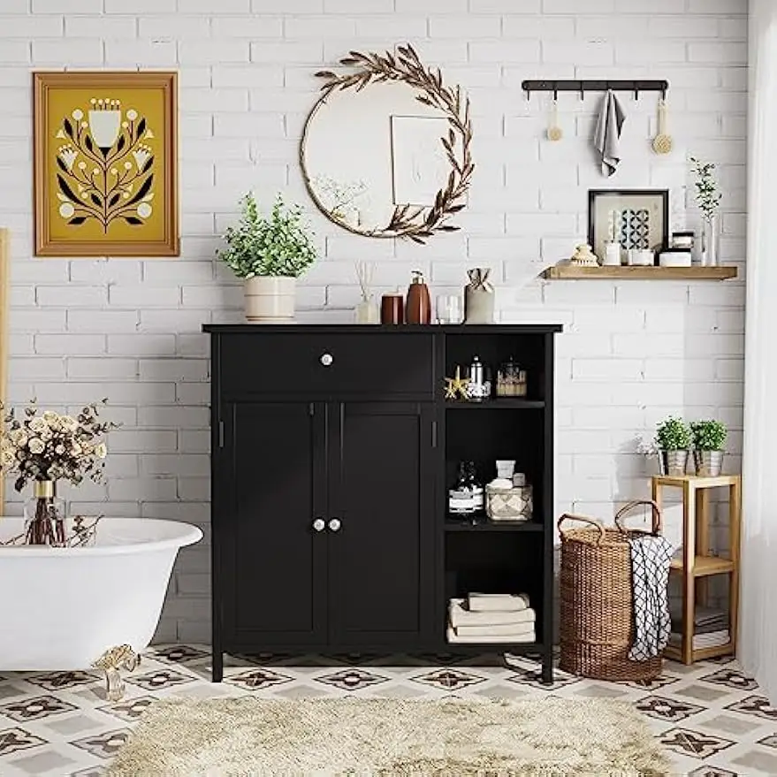 Bathroom Cabinet with Doors, Bathroom Floor Cabinet with Drawer & Adjustable Shelf, Kitchen Cupboard, Storage Cabinet