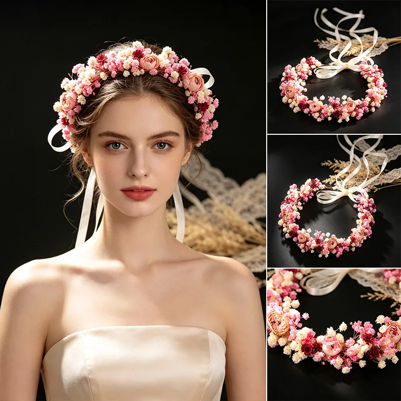Retro Bean Pink Dried Flower Ribbon Headpiece Simulated Rose Baby s Breath Hair Crown for Wedding Photo Shoot Styling