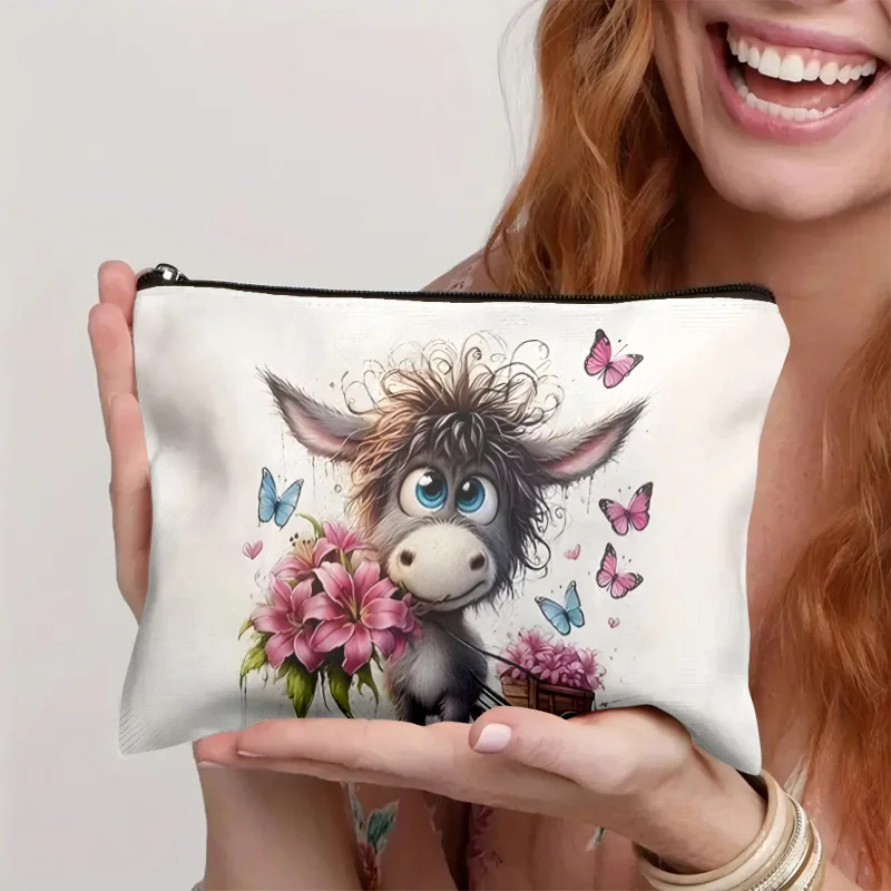 1Pc Cute Cartoon Donkey and Floral Retro Design Multifunctional Travel Makeup Bag, Snack Storage Bag, Stationery Storage Bag, Fashionable Toiletry Bag, Canvas Double-Sided Printed Zipper Pouch