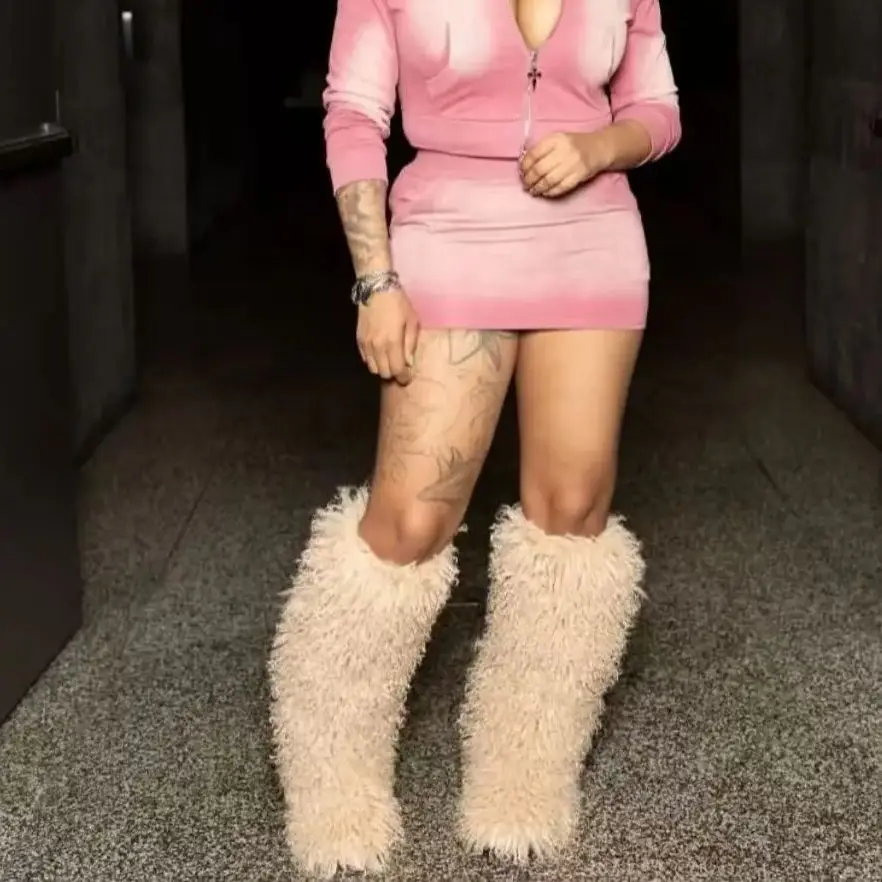 

Luxury Winter Faux Fur Knee High Boots Women Wool High Tube Fur Snow Boots Fluffy Faux Mongolian Fur Platform Shoes Girls Boots