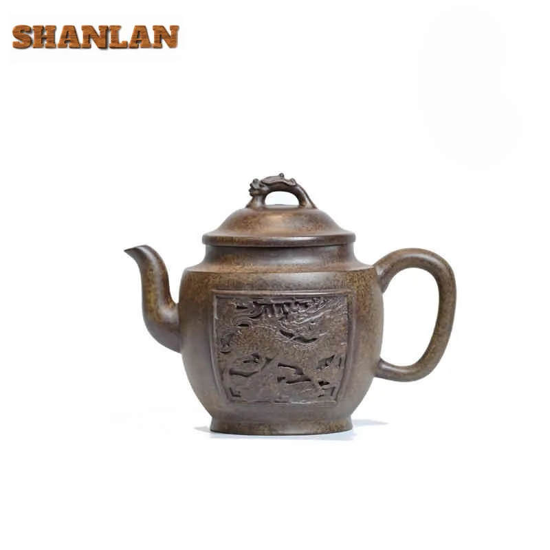 

340ml Yixing Purple Clay Teapots Handmade Relief Kylin Pot Raw Ore Wood-fired Porcelain Mud Kettle With Infuser Zisha Tea Set