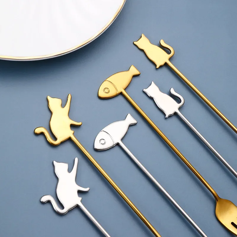 1~6Pcs Creative 304 Stainless Steel Coffee Stirring Spoon Cute Cat Fish Hanging Cup Teaspoon Fruit Dessert Fork Milk Coffe Spoon