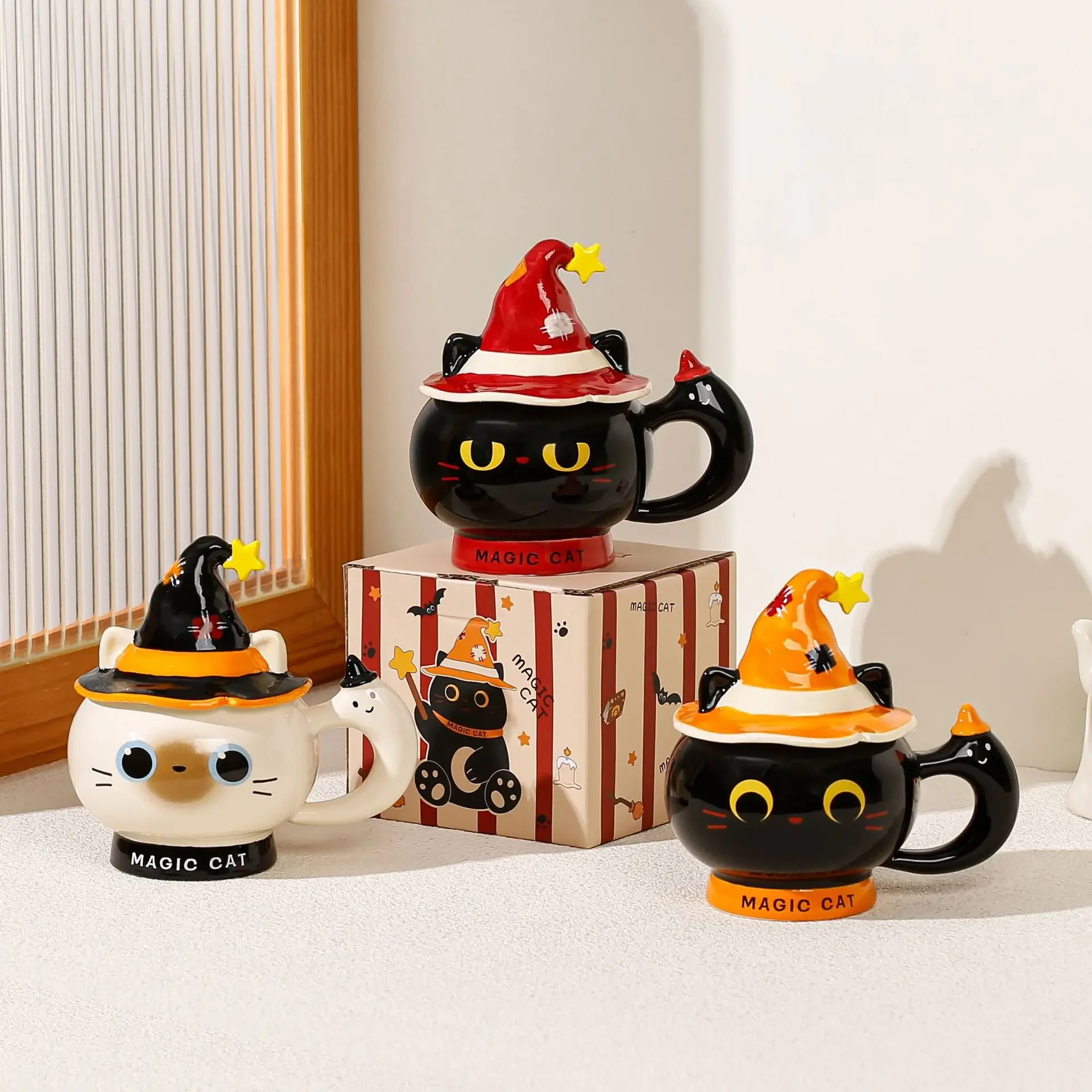 High Beauty Magic Hat Cat Mug, Ceramic Cup With Lid, Cute Cartoon Coffee Cup, Gift for Home Office Women