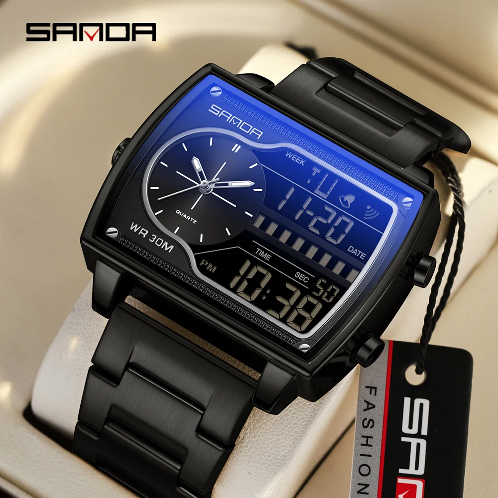

Модные роскошные мужские кварцевые квадратные часы Sanda 6163, спортивные водонепроницаемые цифровые часы с двойным дисплеем и обратным отсчетом из нержавеющей стали