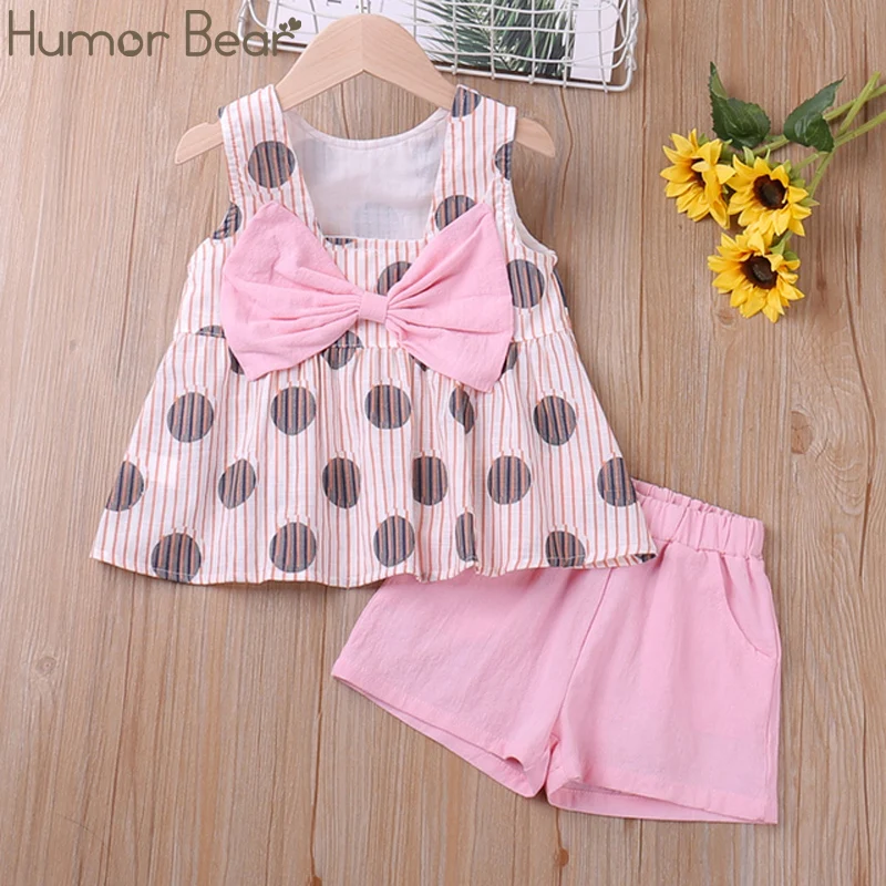 Humor Bear Girls Clothes Set New Summer Sleeveless Bow Vest+Solid Shorts 2pcs Casual Toddler Children Clothes  For 2-6T