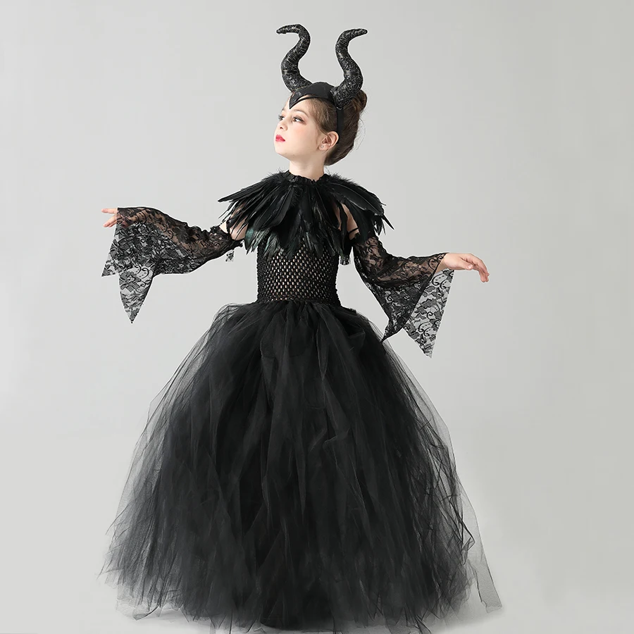 

Girls Halloween Evil Witch Black Gown Tutu Dress with Feather Shawl Victorian Kids Dark Queen Villain Cosplay Fancy Costume