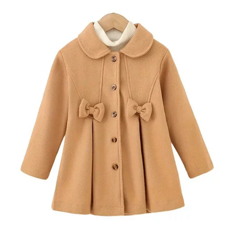 

Одежда для детей от 2 до 6 лет, новая шерстяная куртка для маленьких девочек, пальто с бантом, детская зимняя верхняя одежда, детская весенне-осенняя ветровка средней длины
