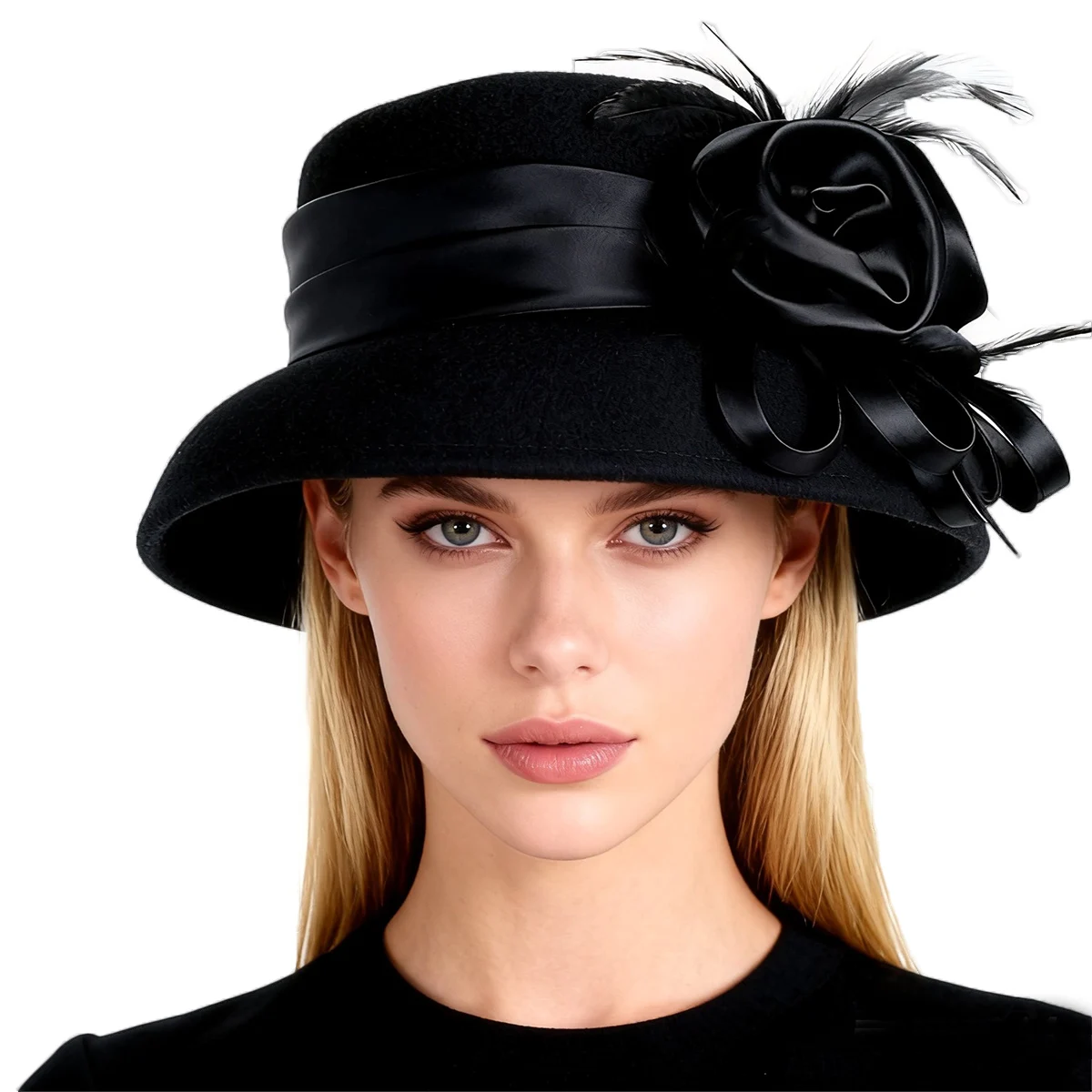 Women's Black Wool Felt Cloche Hat with Flower Feather Winter Hepburn Style Formal Church Tea Party Dress Cocktail Bucket Hats