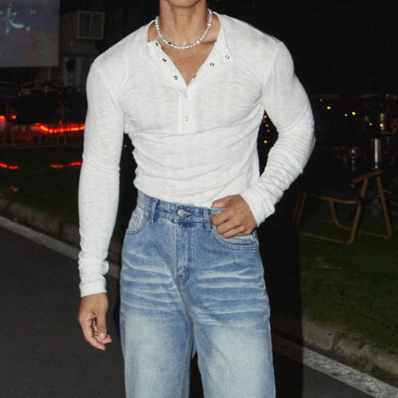 2026 Spring Stylish Knitting Henley Shirts Men Long Sleeve Buttoned Slim T Shirt Vintage Mens Solid Color Textured Knit Jumpers