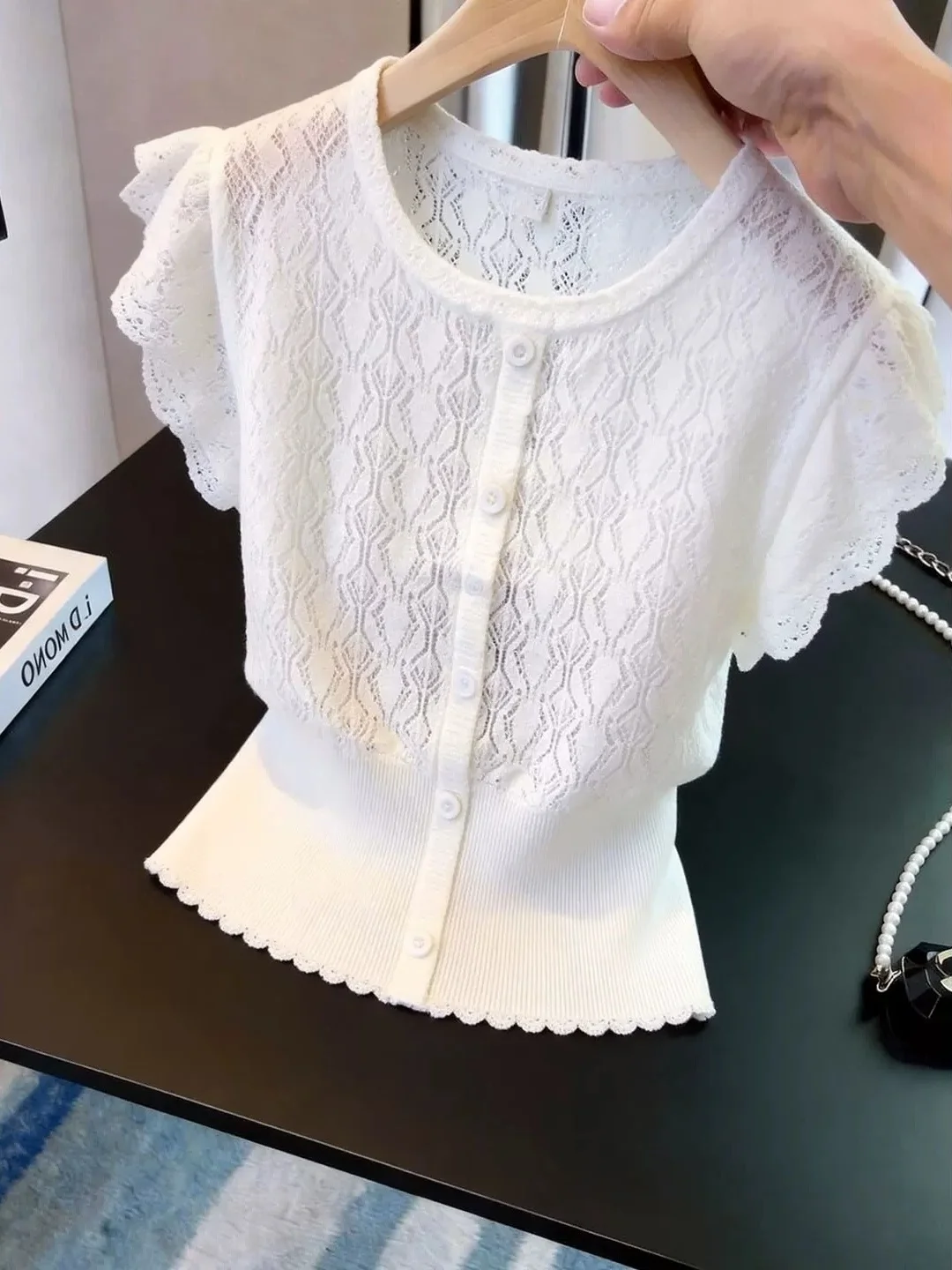 Commute Fashion Women's Short Sleeve Knitted Shirt Single Button Hollow out Design Korean Style Straight Cut Summer Top