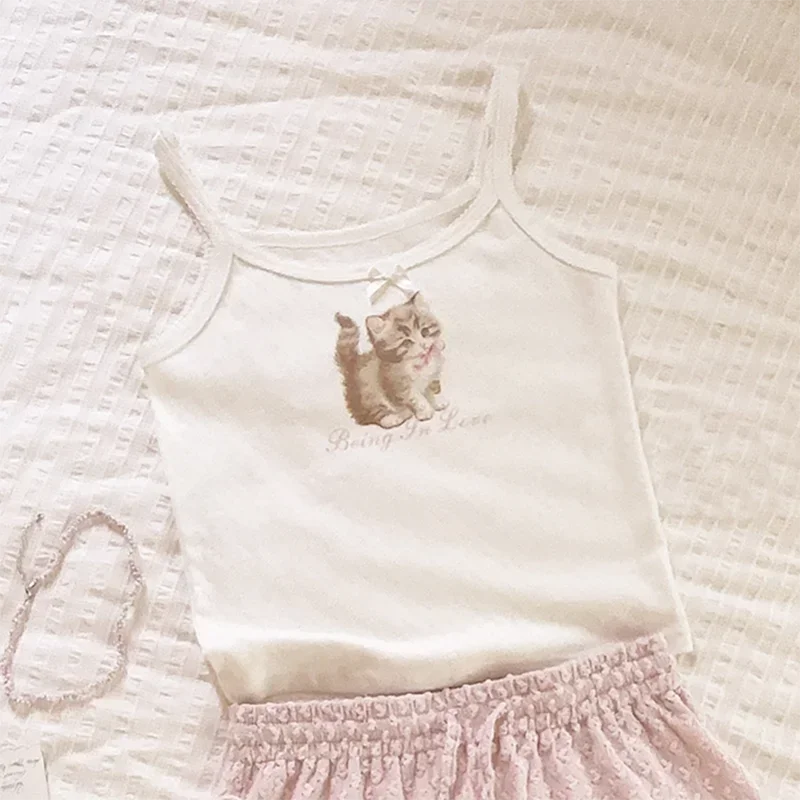 Cute Tops Women Summer Cotton Camis Pink Bow Cat Print Knitted Crop Top for Sweet Girl Lolita Style Kawaii Clothes