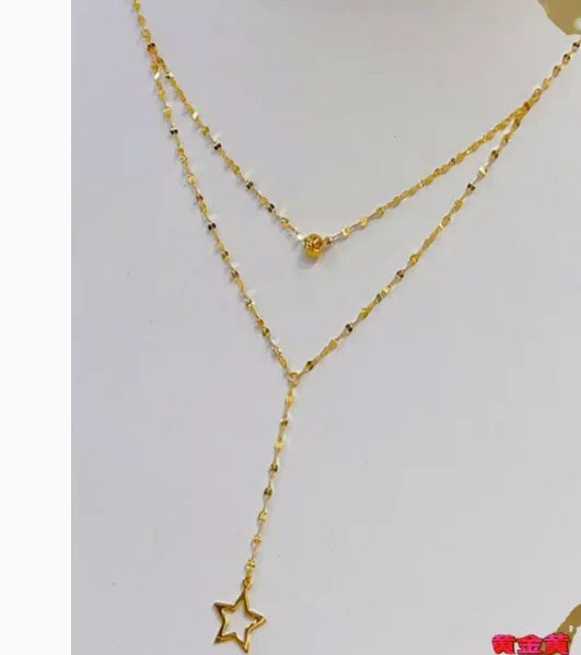 au750 jewelry real gold 18k chain necklaces for women fine gold double layer necklace gold star chains 1.3mm 42-45cm adjustable