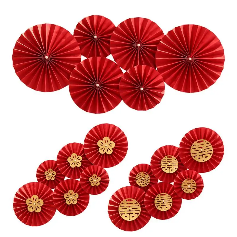 

6pcs Chinese Style Red Wedding Fan Flower New Year Parties Hanging Paper Fans Set wedding room Backdrops Decorations Crafts Fan