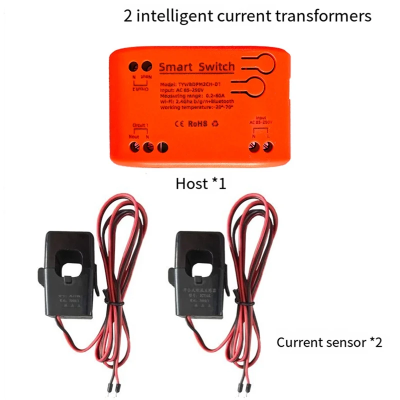 Tuya สมาร์ท 85-250V Wifi 2 Channel Clamp พร้อม Current/แรงดันไฟฟ้า/การตรวจสอบพลังงาน 80A สมาร์ทพลังงานเมตรสําหรับ alexa Alice