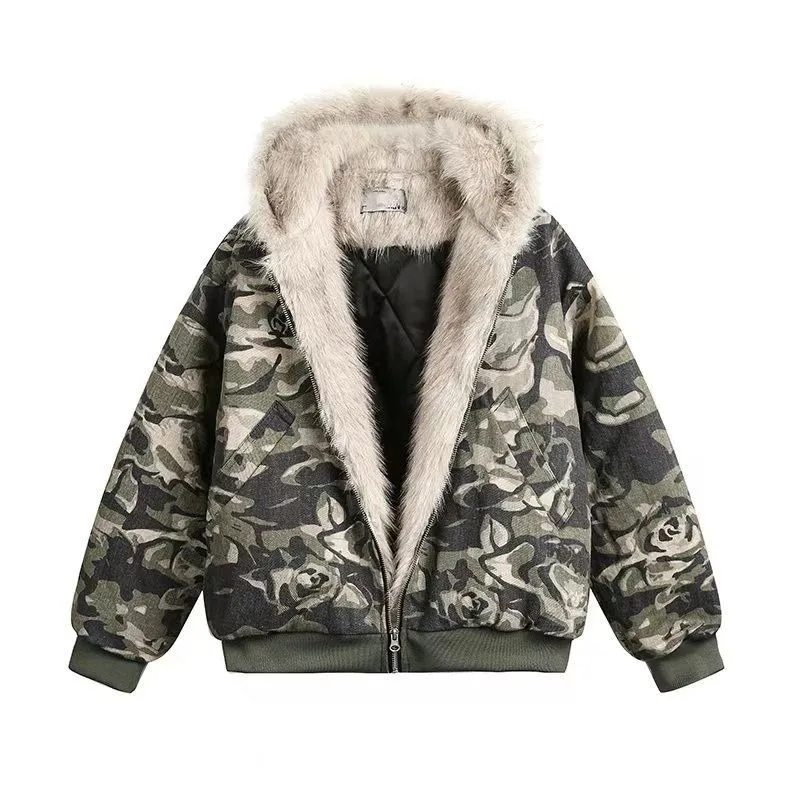

American Fashion New Camouflage Fur Collar Thick Velvet Jacket Y2K Punk Wind Rock Tide Brand Baggy Hooded Couple Sports Coats