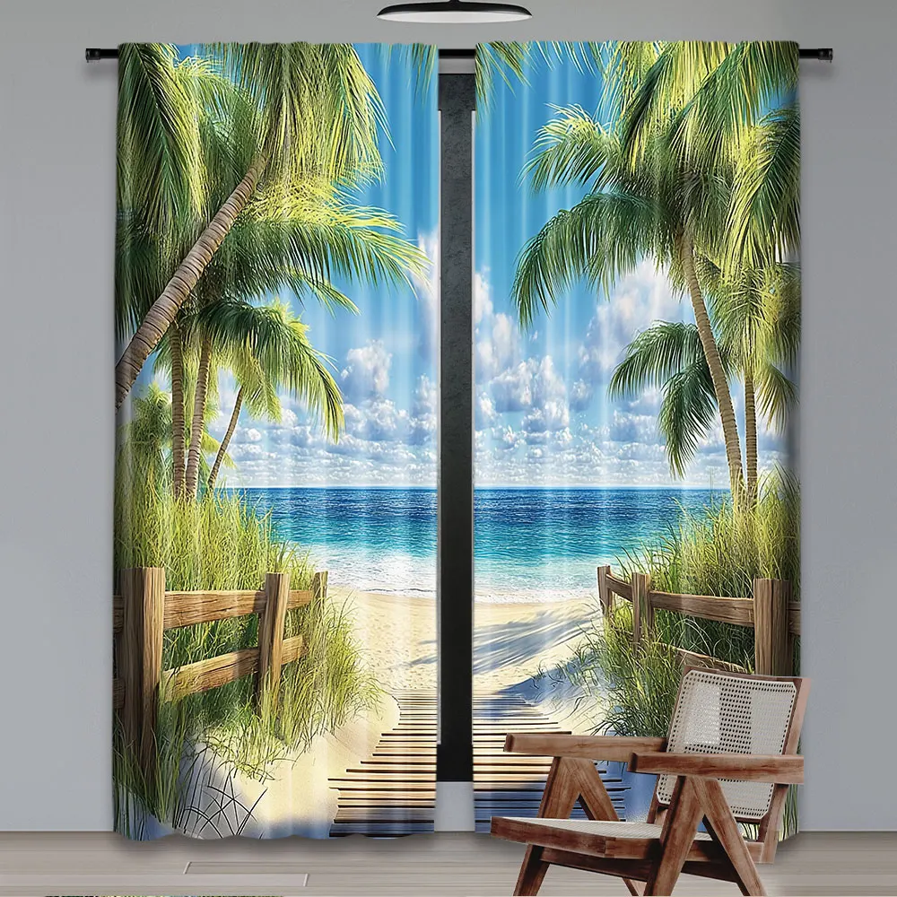 2Pcs Ocean Palm Tree Curtain Beach Tropical Hawaii Coastal Summer Sandy Seaside Exotic Seascape Green Blue Nature Landscape