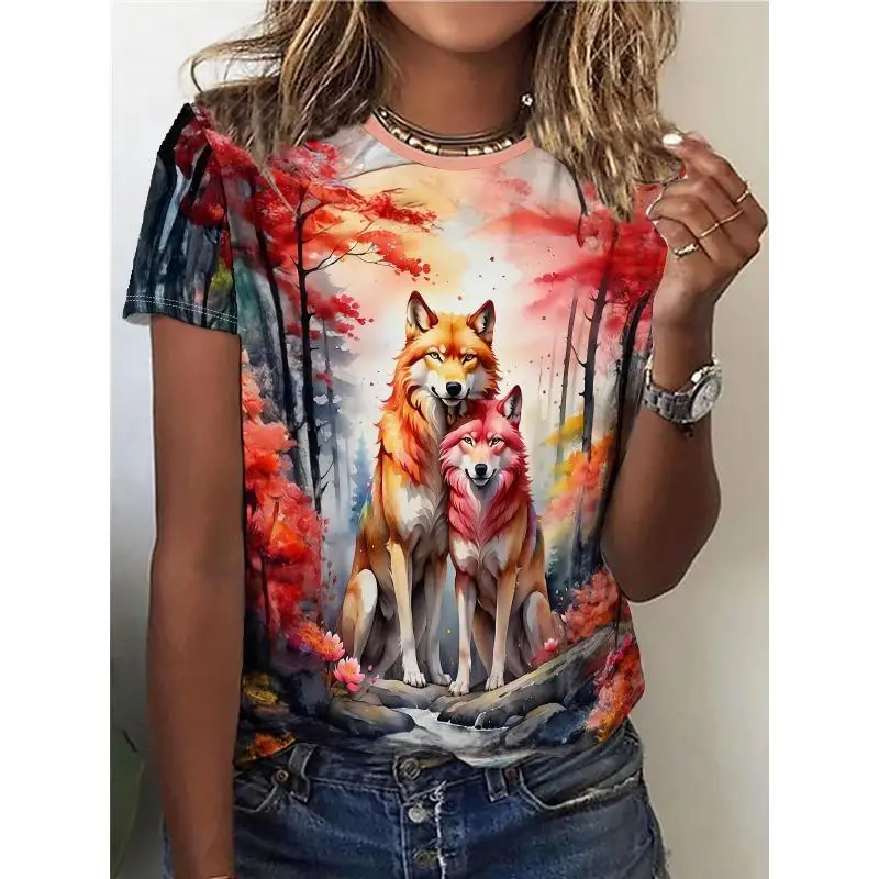 المرأة تي شيرت الحيوان ثلاثية الأبعاد طباعة المحملة الصيف موضة الشارع عادية س الرقبة قصيرة الأكمام تي شيرت Y2k بلايز Harajuku الملابس النسائية