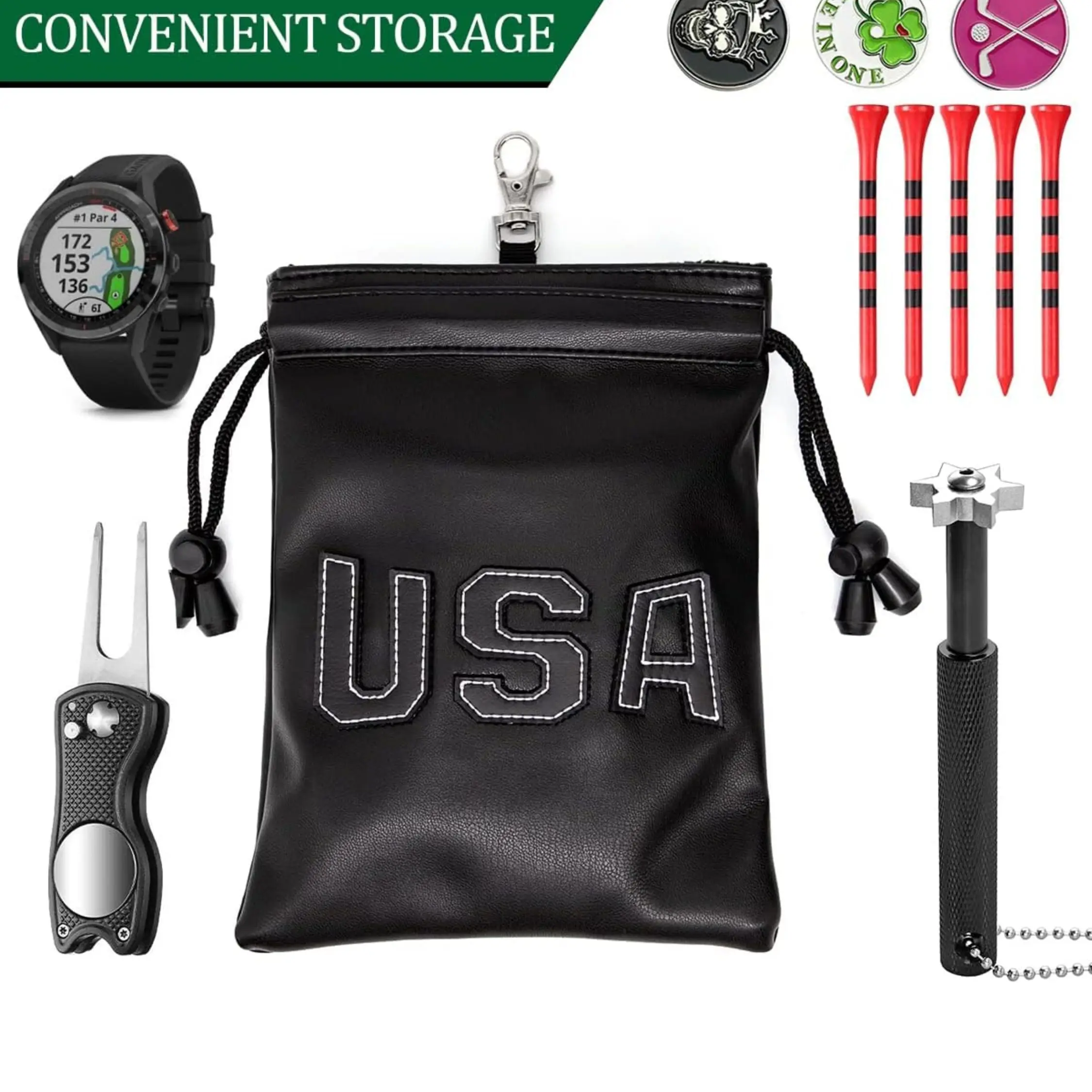 USA Design PU Leather Golf Tee Pouch with Drawstring Closure Golf Ball Handbag Portable Ball Pouch, Accessories for Men Golfers