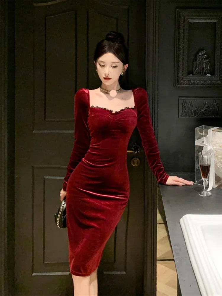 Ezgaga Autumn Winter Dresses Women Elegant Sexy Square Collar Slim Long Sleeve Vintage Velvet Dress Female French Style Chic