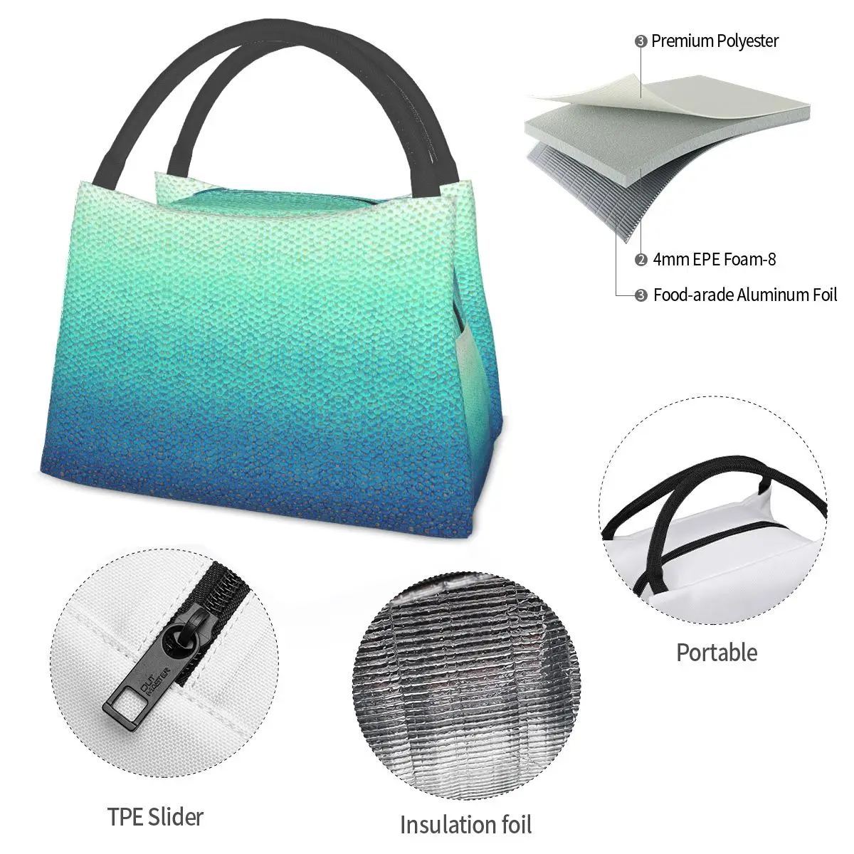 Mermaid Fish Scale Insulated Lunch Bag for Women Kids Portable Food Boxes Thermal Lunch Box Tote