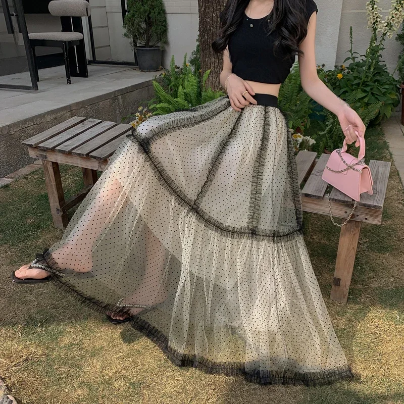 French Ruffle Color-Block Polka Dot Midi Skirt 2026 Women High Waist Draped Puff Skirts
