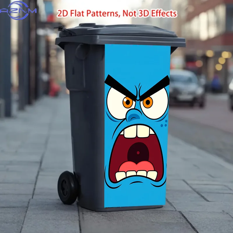 Sticker for Trash Can, 1pc, 37*82cm, Blue Face with Wide Open Mouth and Angry Eyes Pattern Design, Self-Adhesive Wallpaper, Su