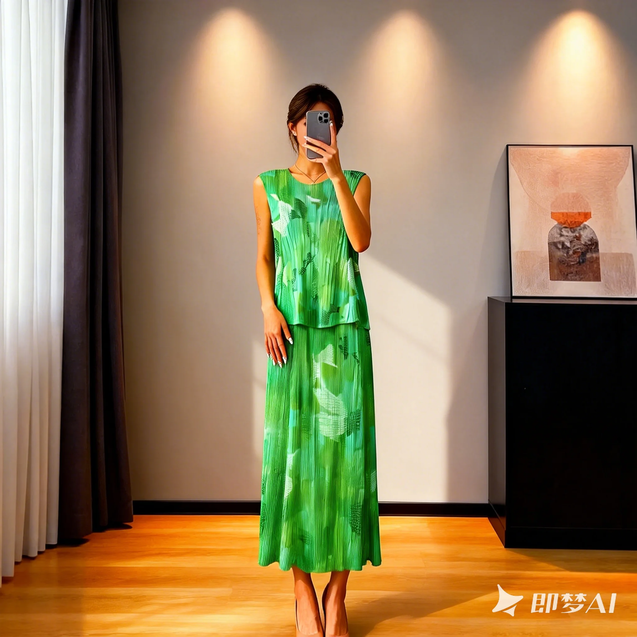 

Miyake Abstract Print Women's Pleated Two Pieces Set Sleeveless Loose Tank Top And Elastic Waist Midi Skirt Summer New