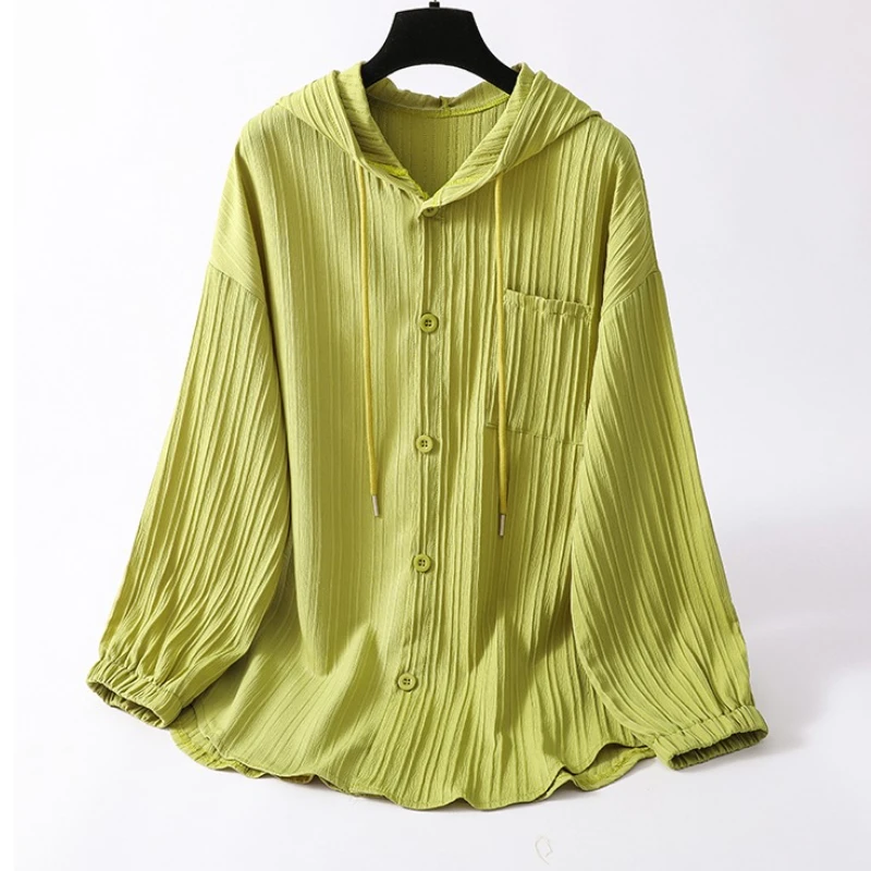 

2025 универсальная блузка с капюшоном и защитой от солнца, легкая свободная женская рубашка с длинным рукавом, весна-осень, новая повседневная однотонная рубашка в стиле ретро