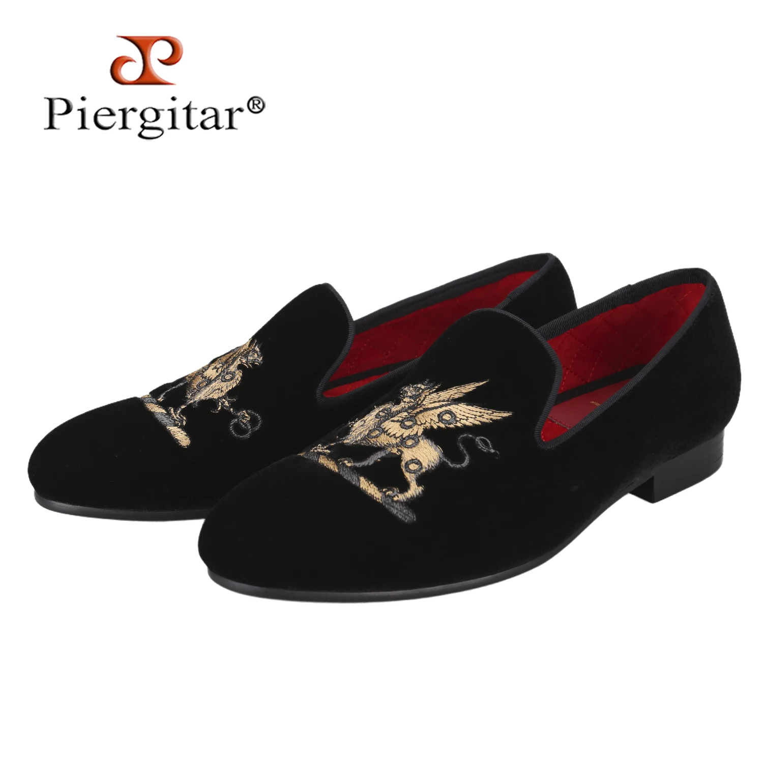

Piergitar Brand Customized Lion Embroidery Of Black Velvet Men's Loafers Handmade Slip-On Slippers For Party And Banquet Wear