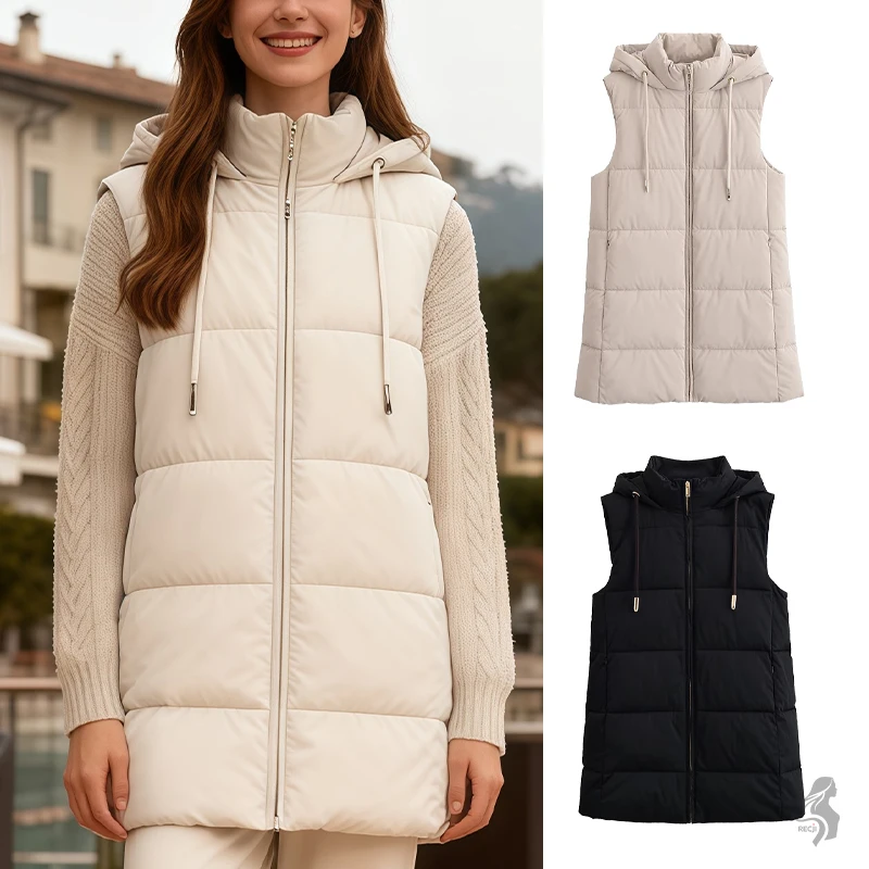 

Womens Hooded Puffer Vest Cotton Jacket With Zipper Quilted Long Casual Fashion Vest Cotton Jacket Suitable For Everyday Wear