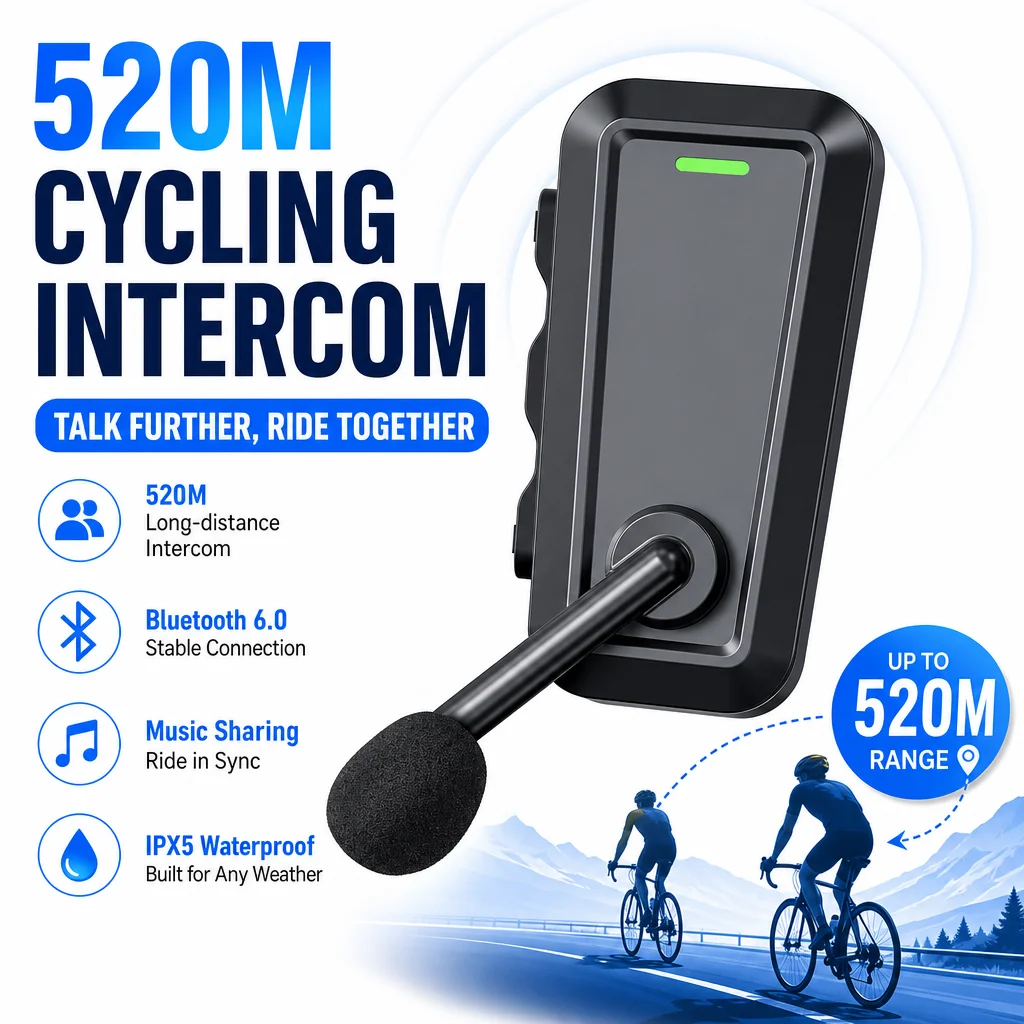 C10 Cycling Intercom Headset 520m Two-Person Motorcycle Summer Helmet Headset Bluetooth 6.0 Dual Ear Stereo for Bicycle Riding
