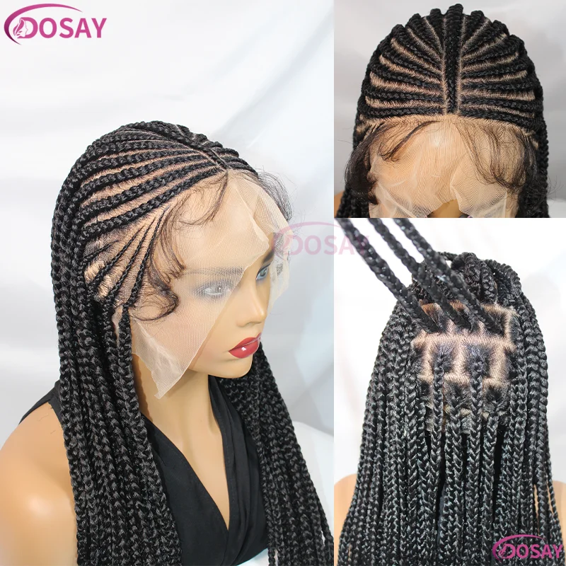 Wig Kepang Sintetis 32 "Wig Renda Penuh untuk Wanita Kulit Hitam Wig Kepang Kotak Tanpa Simpul dengan Rambut Bayi Kepang Cornrow Wig Afrika